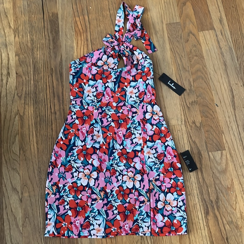 Chance of Blooms Navy Blue Multi Floral Print Halter Mini Dress - Picture 6 of 8